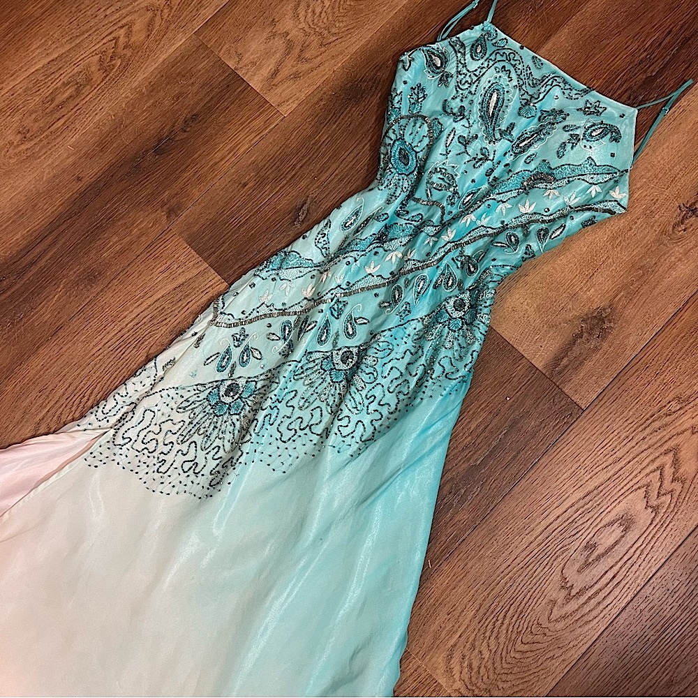 Vintage Y2K 100% Silk Beaded Dress Vintage Beaded Dress Mermaid Ombré Blue Prom